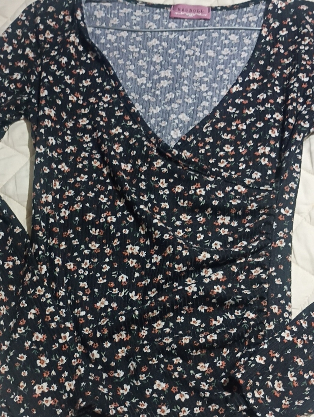 Ragdoll Black Floral Wrap-Style Women's Top